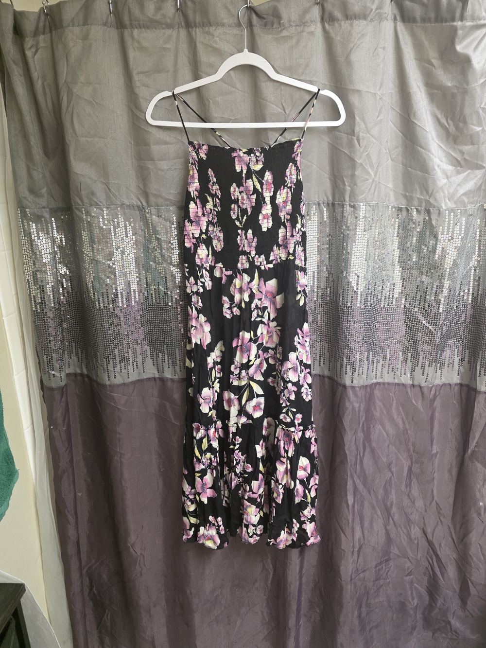 Free People Black Midi Dress with Pink Floral Print